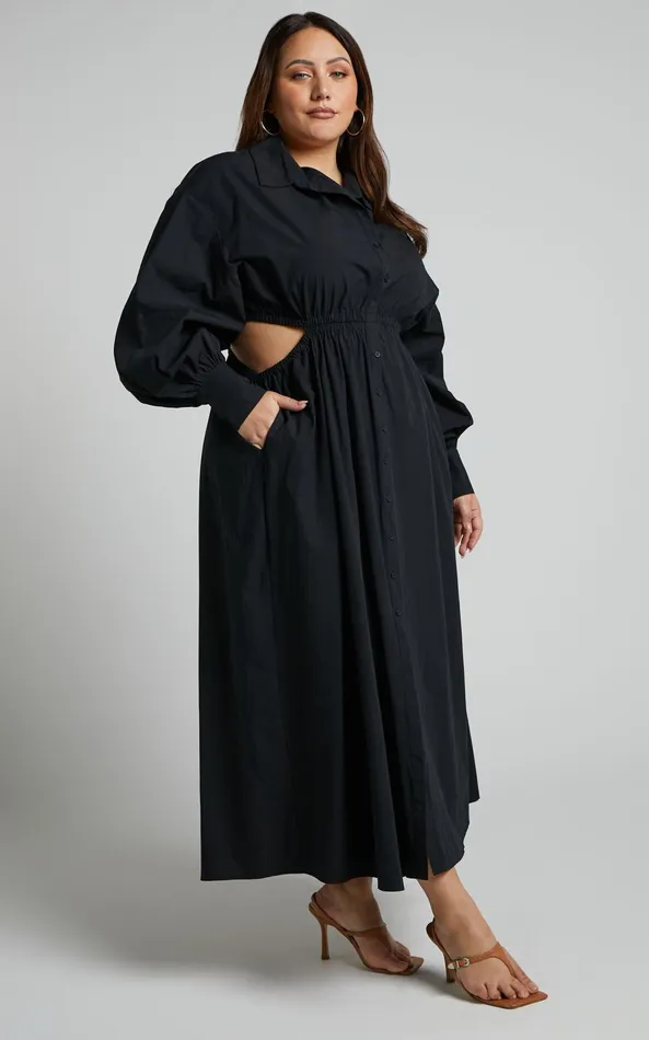 Showpo Merabelle Midi Dress 8211 Side Cut Out Collared Long Sleeve Shirt Dress In Black Women Curve Clothes