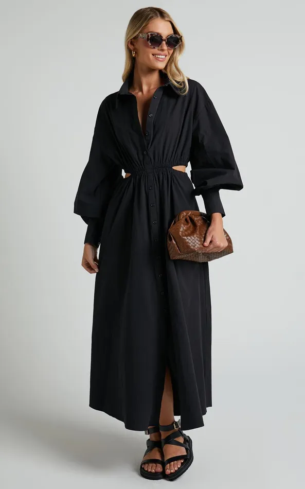 Showpo Merabelle Midi Dress 8211 Side Cut Out Collared Long Sleeve Shirt Dress In Black Women Curve Clothes