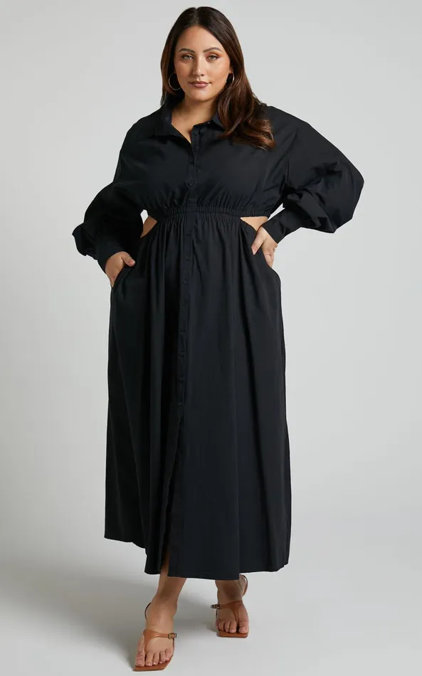 Showpo Merabelle Midi Dress 8211 Side Cut Out Collared Long Sleeve Shirt Dress In Black Women Curve Clothes