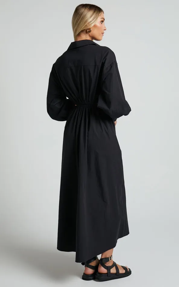 Showpo Merabelle Midi Dress 8211 Side Cut Out Collared Long Sleeve Shirt Dress In Black Women Curve Clothes
