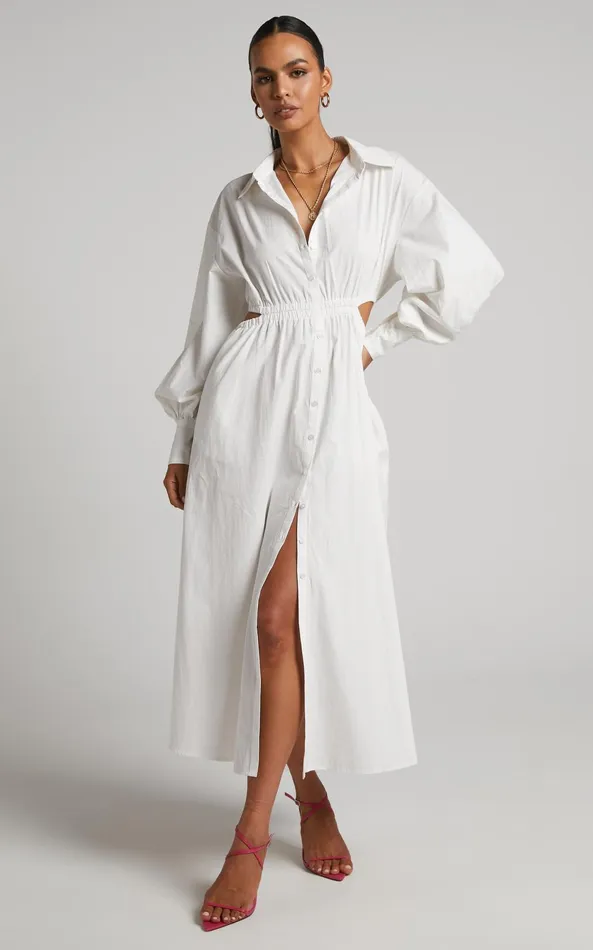 Showpo Merabelle Midi Dress 8211 Side Cut Out Collared Long Sleeve Shirt Dress In White Women Curve Clothes Showpo Merabelle Midi Dress 8211 Side Cut Out Collared Long Sleeve Shirt Dress In White Women Curve Clothes