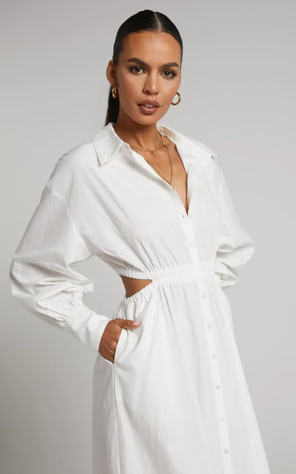 Showpo Merabelle Midi Dress 8211 Side Cut Out Collared Long Sleeve Shirt Dress In White Women Curve Clothes