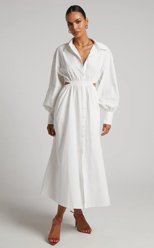 Showpo Merabelle Midi Dress 8211 Side Cut Out Collared Long Sleeve Shirt Dress In White Women Curve Clothes