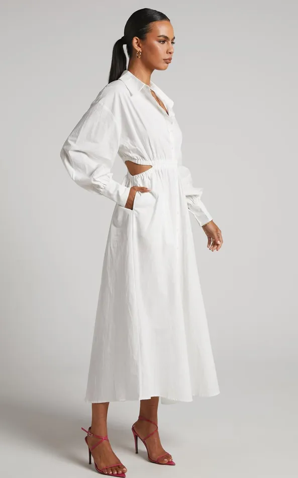 Showpo Merabelle Midi Dress 8211 Side Cut Out Collared Long Sleeve Shirt Dress In White Women Curve Clothes