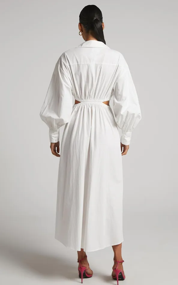 Showpo Merabelle Midi Dress 8211 Side Cut Out Collared Long Sleeve Shirt Dress In White Women Curve Clothes