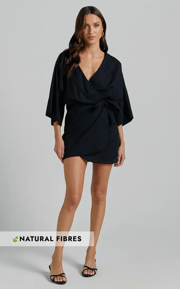 Showpo Meranda Mini Dress 8211 V Neck 34 Sleeve Wrap In Black Women Dresses