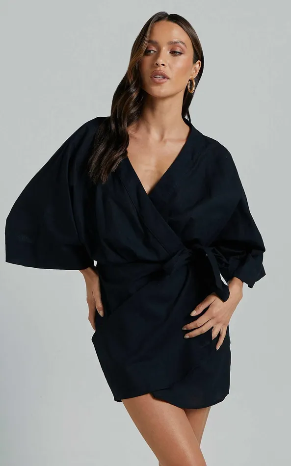 Showpo Meranda Mini Dress 8211 V Neck 34 Sleeve Wrap In Black Women Dresses