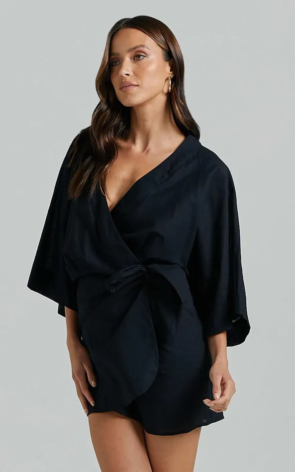 Showpo Meranda Mini Dress 8211 V Neck 34 Sleeve Wrap In Black Women Dresses