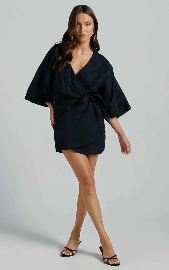 Showpo Meranda Mini Dress 8211 V Neck 34 Sleeve Wrap In Black Women Dresses
