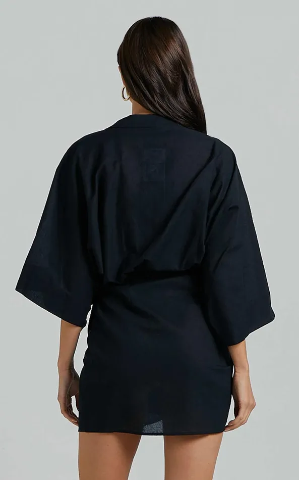 Showpo Meranda Mini Dress 8211 V Neck 34 Sleeve Wrap In Black Women Dresses