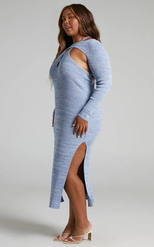 Showpo Merithel Top 8211 Ribbed Knit Long Sleeve Shrug Top In Space Dye Blue Women Knitwear