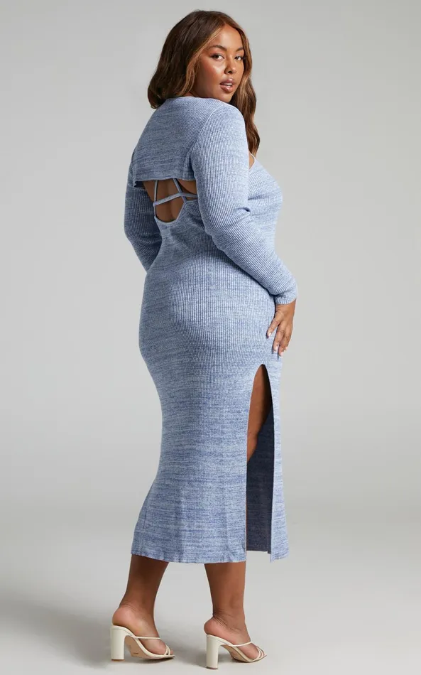 Showpo Merithel Top 8211 Ribbed Knit Long Sleeve Shrug Top In Space Dye Blue Women Knitwear