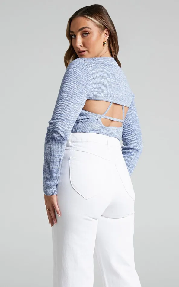 Showpo Merithel Top 8211 Ribbed Knit Long Sleeve Shrug Top In Space Dye Blue Women Knitwear