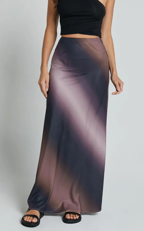Showpo Michaela Maxi Skirt 8211 High Waisted Slip Satin Skirt In Dusk Ombre Women Skirts