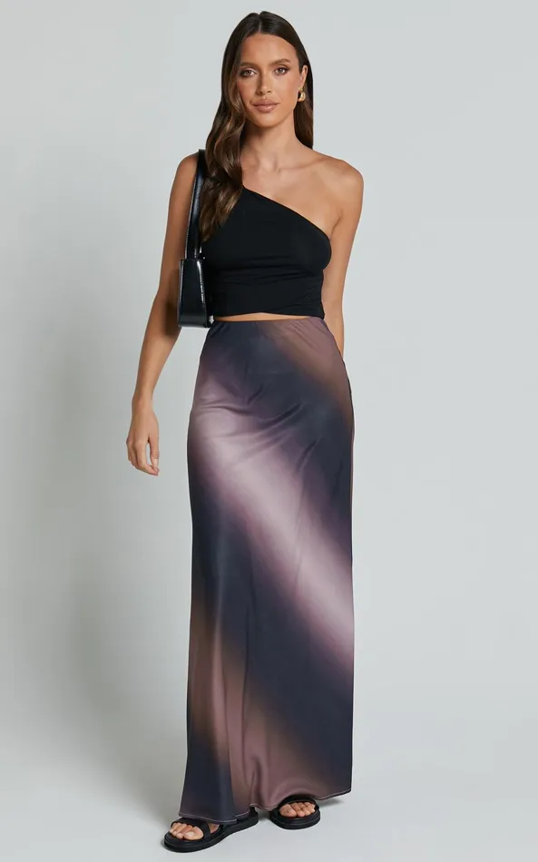 Showpo Michaela Maxi Skirt 8211 High Waisted Slip Satin Skirt In Dusk Ombre Women Skirts