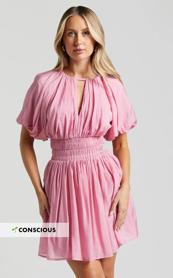 Showpo Michalka Mini Dress 8211 Blouson Puff Sleeve Elasticised Waist In Pink Women Dresses Showpo Michalka Mini Dress 8211 Blouson Puff Sleeve Elasticised Waist In Pink Women Dresses