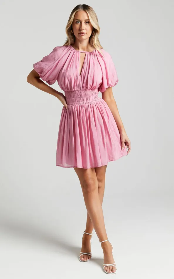 Showpo Michalka Mini Dress 8211 Blouson Puff Sleeve Elasticised Waist In Pink Women Dresses