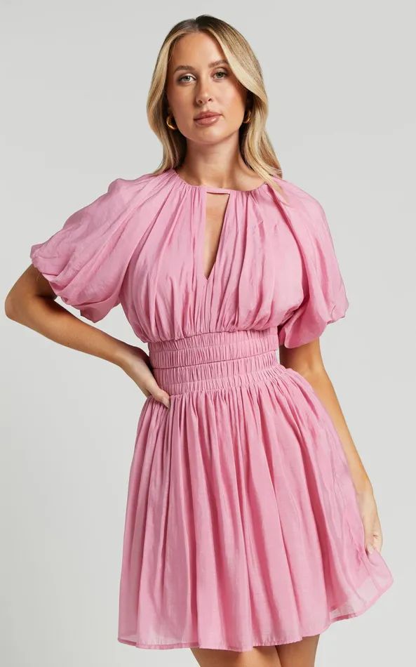 Showpo Michalka Mini Dress 8211 Blouson Puff Sleeve Elasticised Waist In Pink Women Dresses