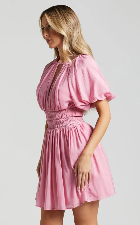 Showpo Michalka Mini Dress 8211 Blouson Puff Sleeve Elasticised Waist In Pink Women Dresses