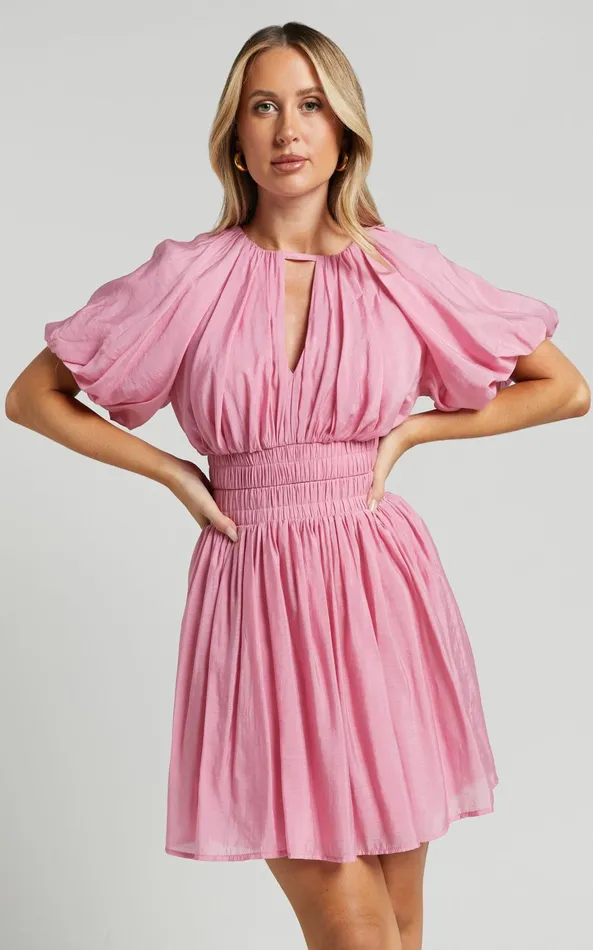Showpo Michalka Mini Dress 8211 Blouson Puff Sleeve Elasticised Waist In Pink Women Dresses