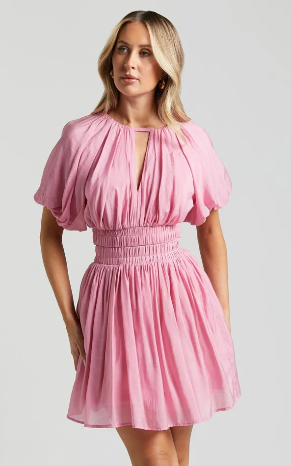 Showpo Michalka Mini Dress 8211 Blouson Puff Sleeve Elasticised Waist In Pink Women Dresses