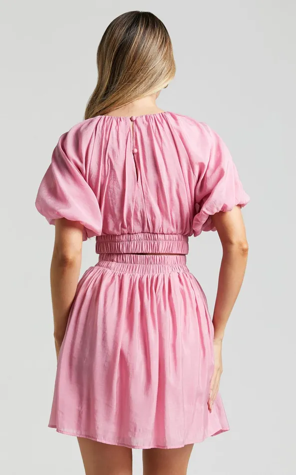 Showpo Michalka Mini Dress 8211 Blouson Puff Sleeve Elasticised Waist In Pink Women Dresses