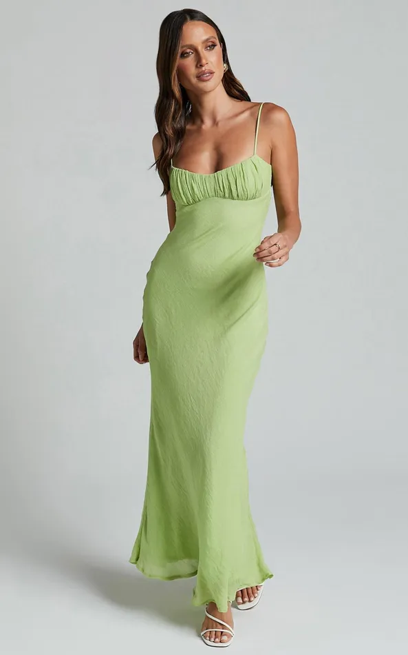 Showpo Micheella Maxi Dress 8211 Ruched Bust Sleeveless Slip Dress In Lime Women Dresses