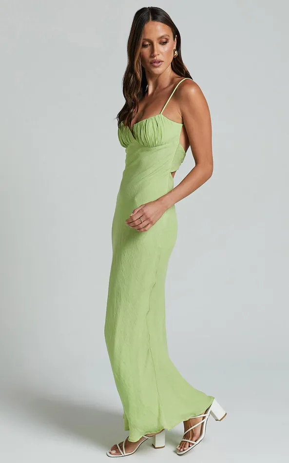 Showpo Micheella Maxi Dress 8211 Ruched Bust Sleeveless Slip Dress In Lime Women Dresses