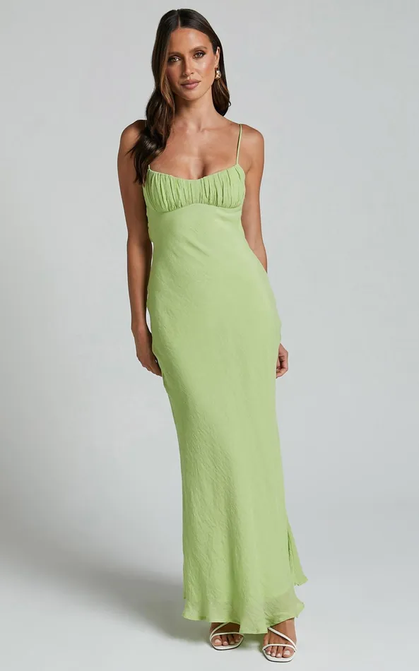 Showpo Micheella Maxi Dress 8211 Ruched Bust Sleeveless Slip Dress In Lime Women Dresses