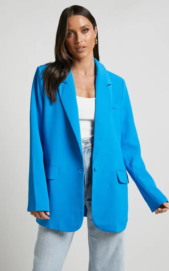 Showpo Michelle Blazer 8211 Oversized Plunge Neck Button Up Blazer In Blue Women Jackets and Coats