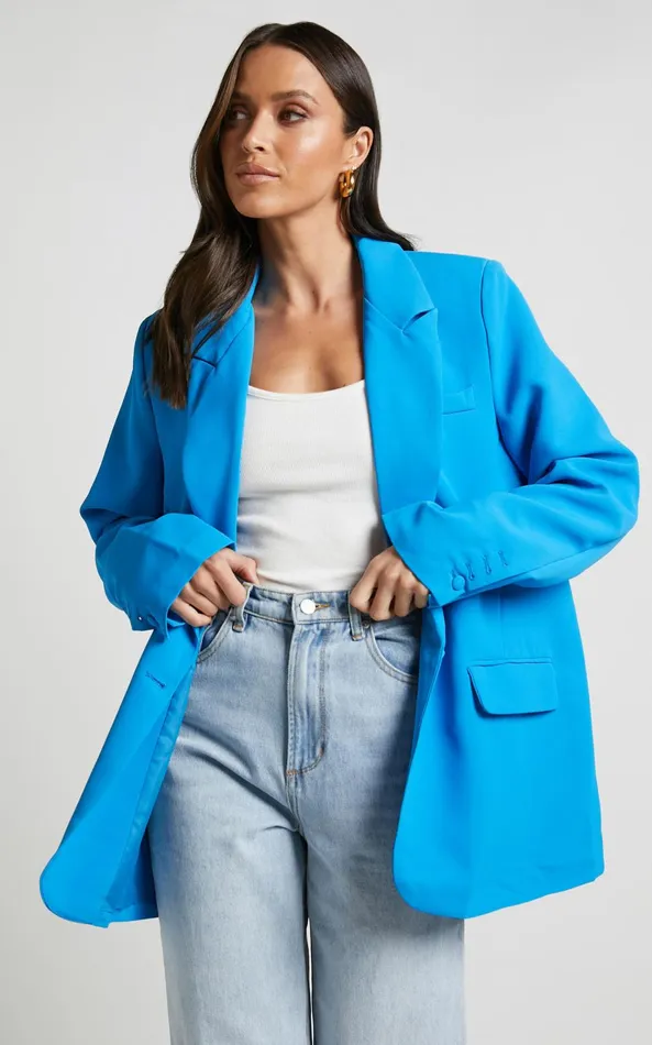 Showpo Michelle Blazer 8211 Oversized Plunge Neck Button Up Blazer In Blue Women Jackets and Coats