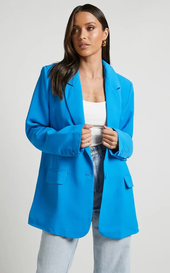 Showpo Michelle Blazer 8211 Oversized Plunge Neck Button Up Blazer In Blue Women Jackets and Coats