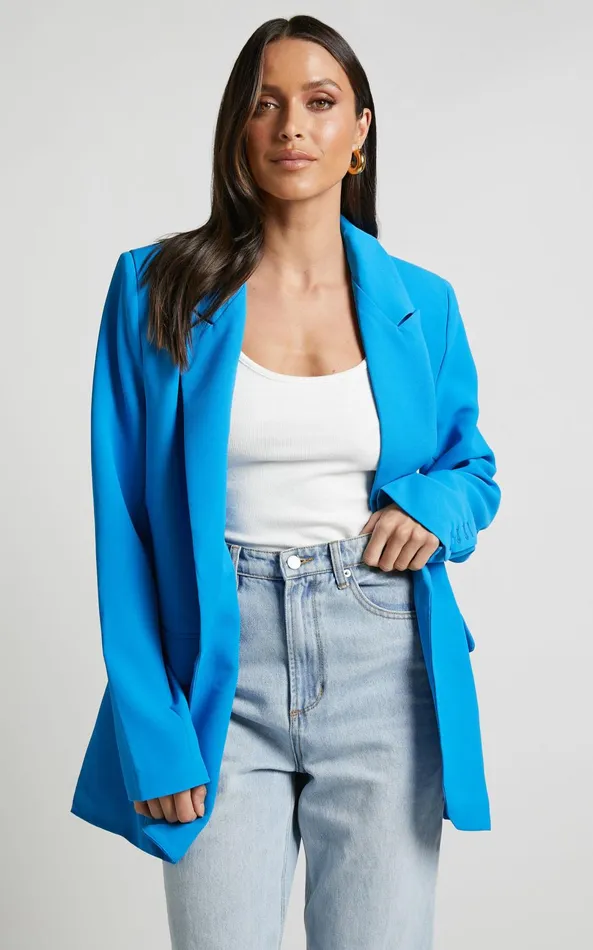 Showpo Michelle Blazer 8211 Oversized Plunge Neck Button Up Blazer In Blue Women Jackets and Coats