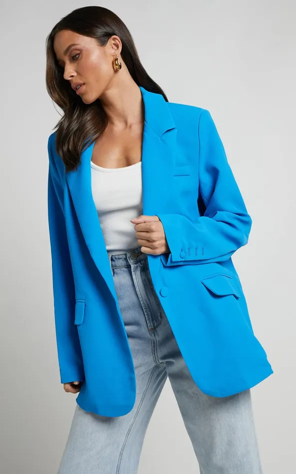 Showpo Michelle Blazer 8211 Oversized Plunge Neck Button Up Blazer In Blue Women Jackets and Coats