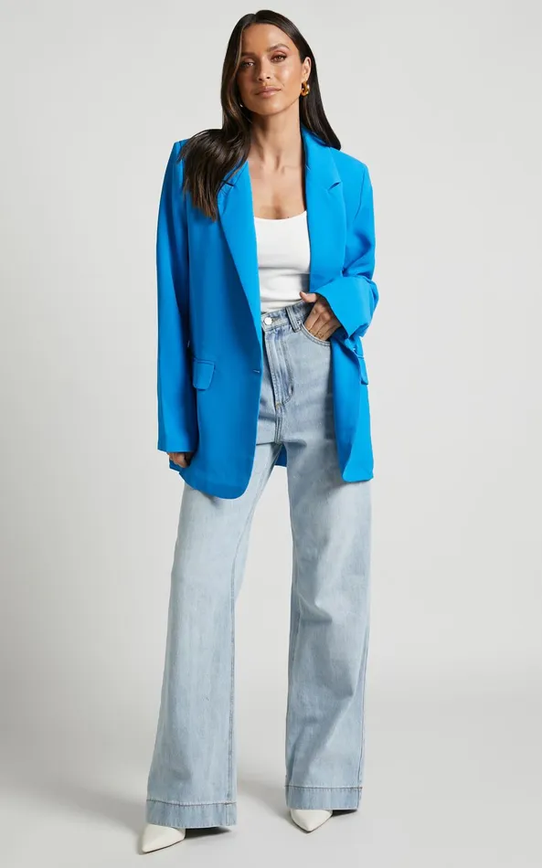 Showpo Michelle Blazer 8211 Oversized Plunge Neck Button Up Blazer In Blue Women Jackets and Coats