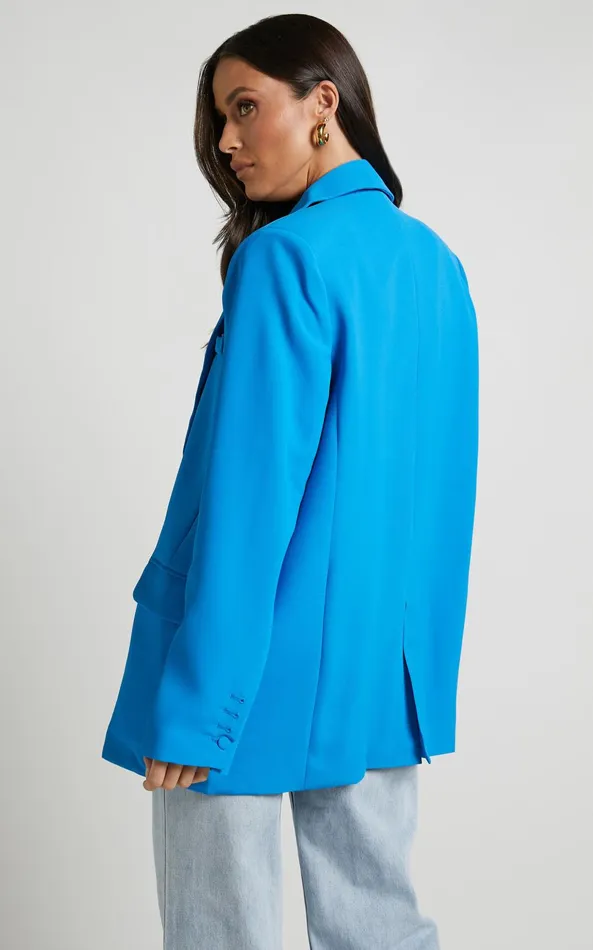 Showpo Michelle Blazer 8211 Oversized Plunge Neck Button Up Blazer In Blue Women Jackets and Coats