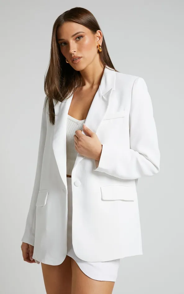 Showpo Michelle Blazer 8211 Oversized Plunge Neck Button Up Blazer In White Women Jackets and Coats