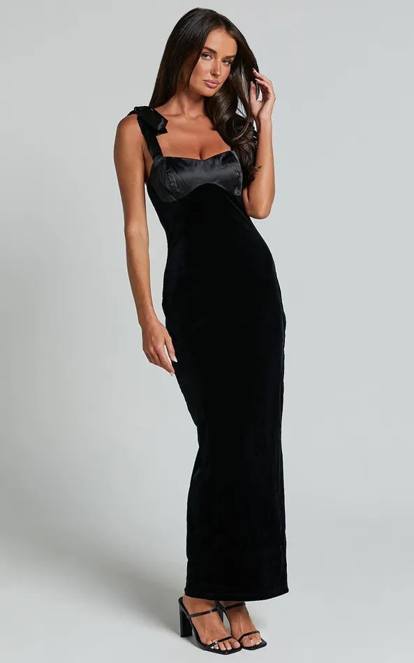 Showpo Michelle Midi Dress 8211 Tie Shoulder Satin Bust Detail Velvet Dress In Black Women Dresses