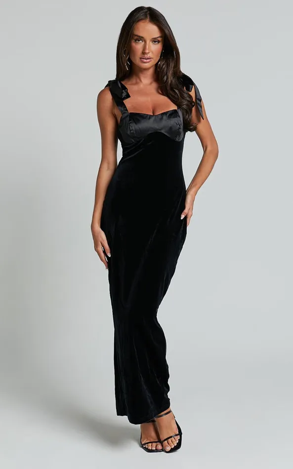 Showpo Michelle Midi Dress 8211 Tie Shoulder Satin Bust Detail Velvet Dress In Black Women Dresses