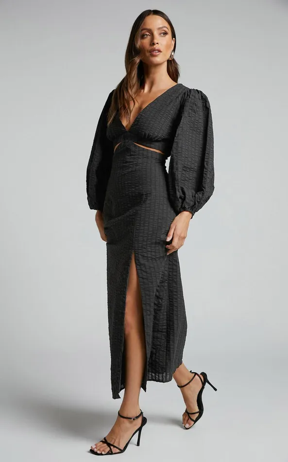 Showpo Miggy Midi Dress 8211 Puff Sleeve Cut Out Split Dress In Black Women Dresses