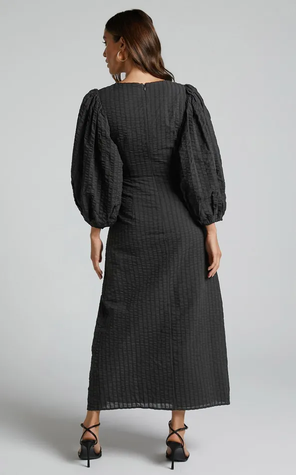 Showpo Miggy Midi Dress 8211 Puff Sleeve Cut Out Split Dress In Black Women Dresses