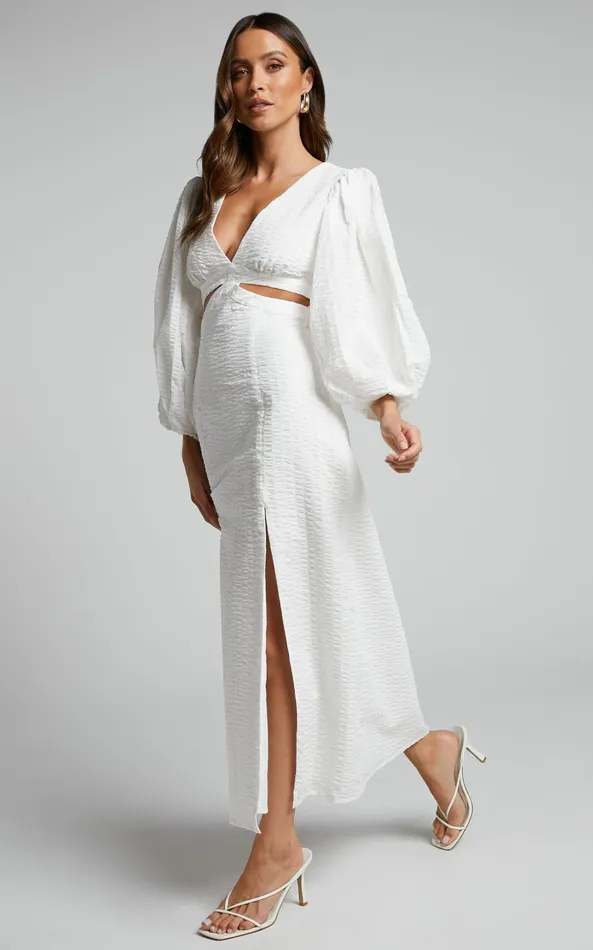 Showpo Miggy Midi Dress 8211 Puff Sleeve Cut Out Split Dress In White Women Curve Clothes