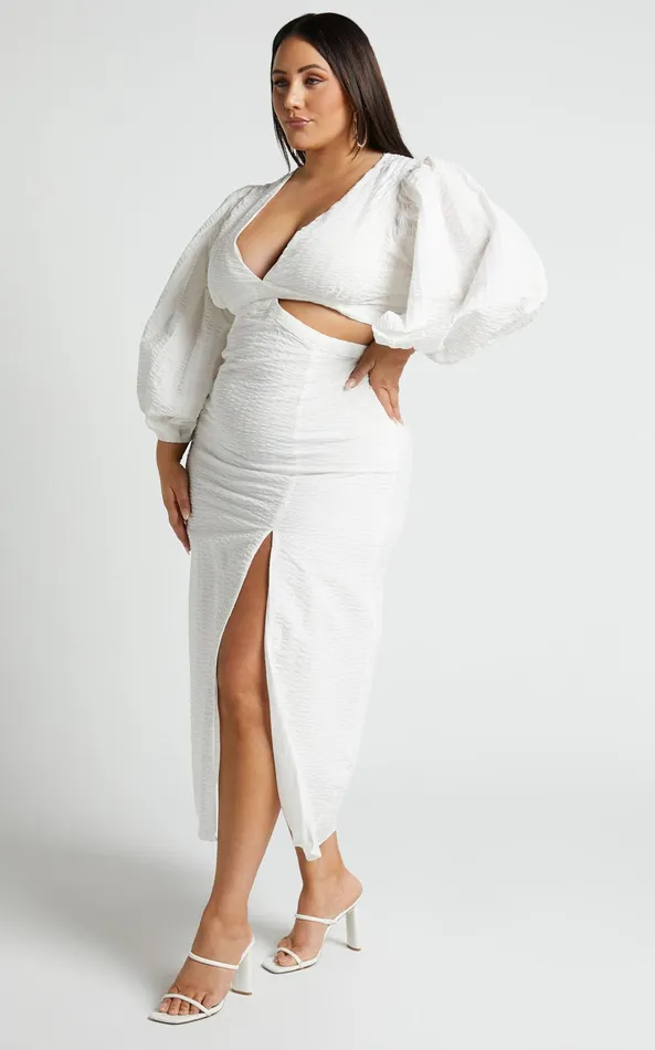 Showpo Miggy Midi Dress 8211 Puff Sleeve Cut Out Split Dress In White Women Curve Clothes