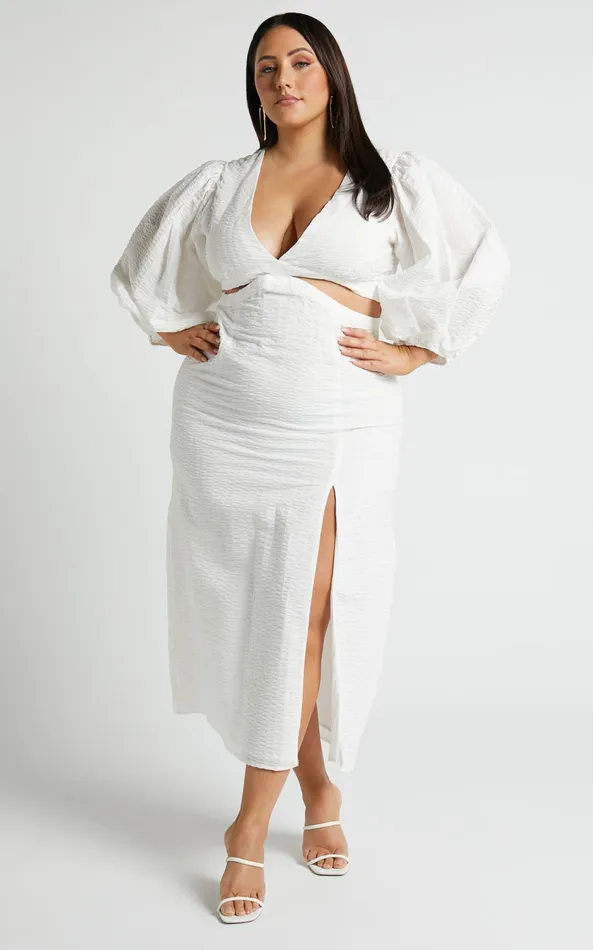 Showpo Miggy Midi Dress 8211 Puff Sleeve Cut Out Split Dress In White Women Curve Clothes
