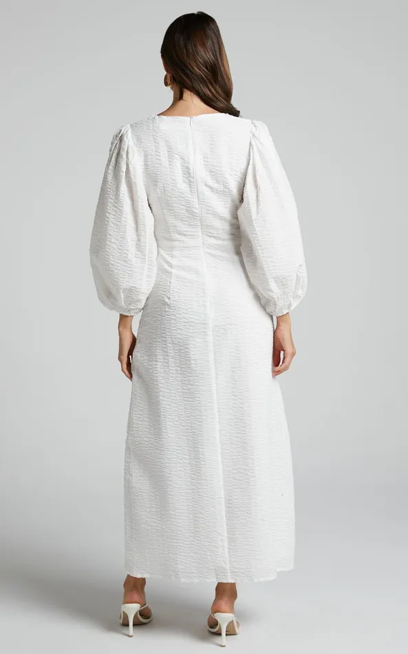 Showpo Miggy Midi Dress 8211 Puff Sleeve Cut Out Split Dress In White Women Curve Clothes