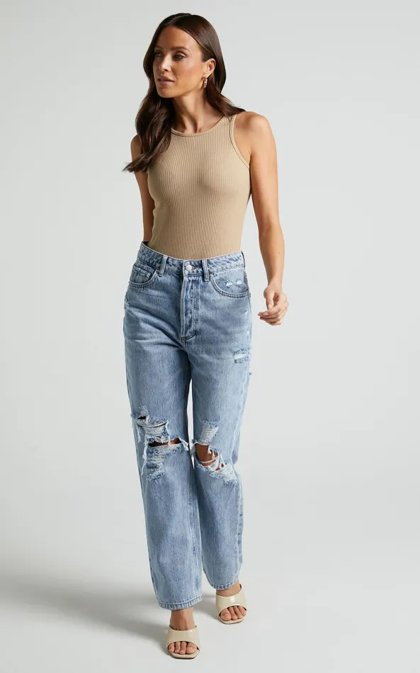 Showpo Miguel Jeans 8211 Straight Relaxed Ripped Denim Jeans In Light Blue Wash Women Denim
