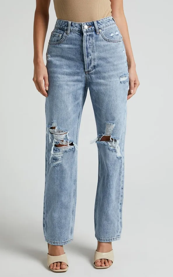 Showpo Miguel Jeans 8211 Straight Relaxed Ripped Denim Jeans In Light Blue Wash Women Denim