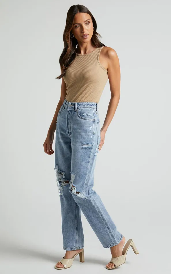 Showpo Miguel Jeans 8211 Straight Relaxed Ripped Denim Jeans In Light Blue Wash Women Denim