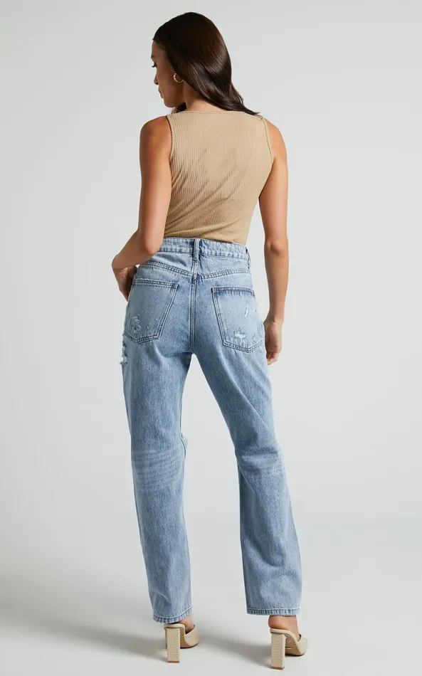 Showpo Miguel Jeans 8211 Straight Relaxed Ripped Denim Jeans In Light Blue Wash Women Denim