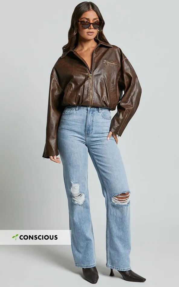 Showpo Miho Jeans 8211 High Waisted Recycled Cotton Distressed Straight Leg Denim Jeans In Mid Blue Wash Women Curve Clothes